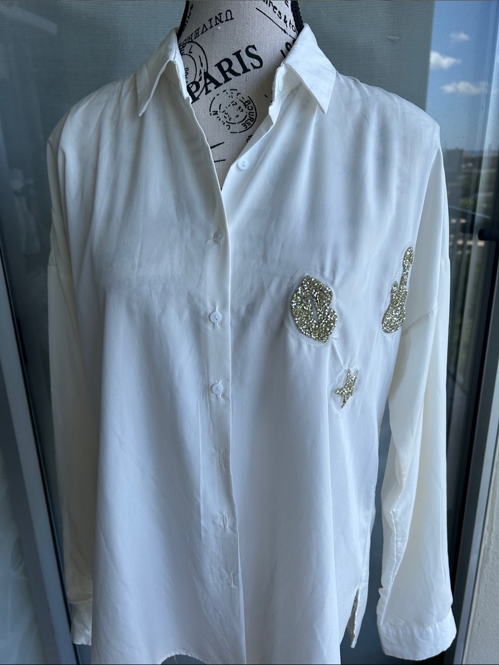Saks Fifth Avenue White Button-Up Blouse with Gold Sequin Patches